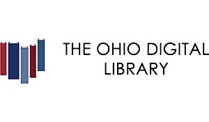 Books lined up in the shape of Ohio. The caption reads the Ohio Digital Library