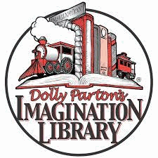 Books between bookends that look like a train. Caption reads Dolly Parton's Imagination Library