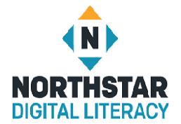 The picture shows an N with a triangle on each of it's 4 sides in blues with the northern one being yellow. Below the image it reads northstar digital literacy.