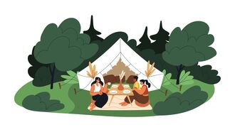 Image shows a campsite surrounded by trees. The tent is white and several people sit around a campfire.