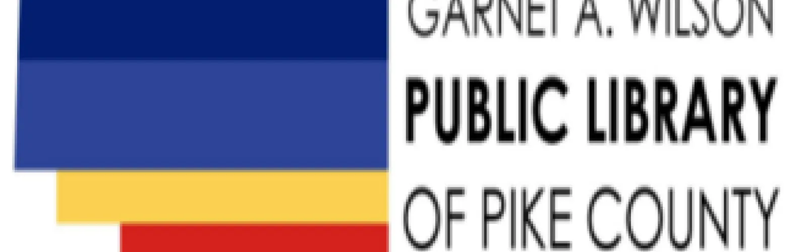 There is a picture. It is the library logo consisting of dark blue light blue yellow and red stripes and the name Garnet a wilson public library of pike county